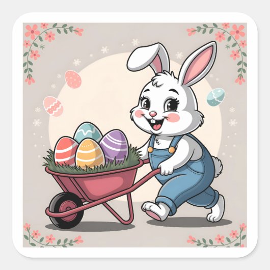 Paashaas Eieren & kruiwagen Vierkante Sticker (Voorkant)