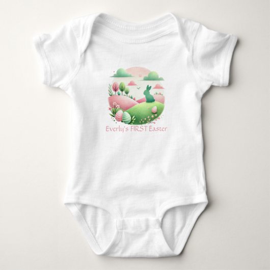 Paashaas eieren landschap groen roze romper (Voorkant)