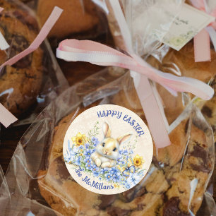 Paashaas en Blauwe Bloemen en Gele Narcissen Ronde Sticker