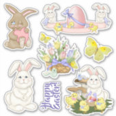 Paashaas en Bloemen Lente Die Gesneden Vinyl Set Sticker (Voorkant)