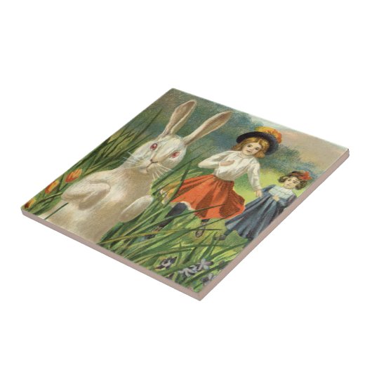  paashaas en kinderen Happy Eastertide Tegeltje (Zijkant)