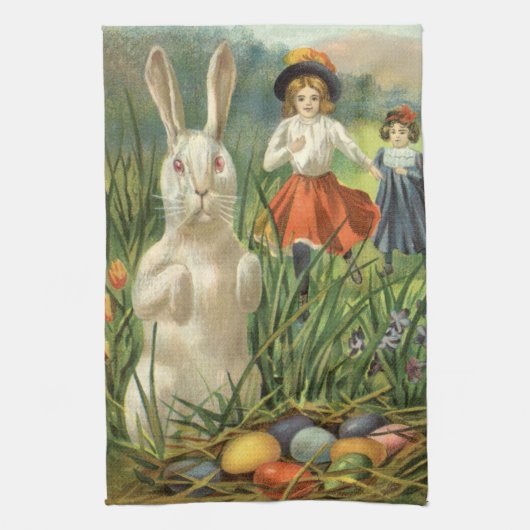  paashaas en kinderen Happy Eastertide Theedoek (Verticaal)