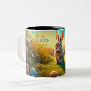 Paashaas en Kleurrijke Eieren in Lente Magie Tweekleurige Koffiemok