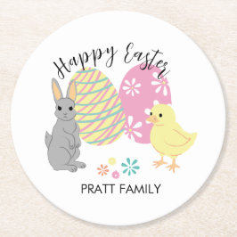 Paashaas en kuiken met versierde eieren ronde kartonnen onderzetter