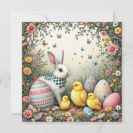 Paashaas en kuikens in de tuin feestdagenkaart