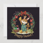 Paashaas en kuikens zwart geel feestdagenkaart (Voorkant)