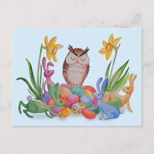 Paashaas en Uil Feestdagenkaart