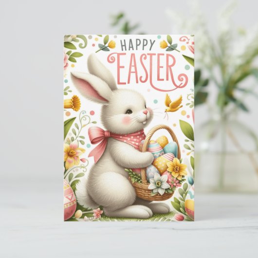 Paashaas en voorjaarsbloei bedankkaart (Staand voorkant)