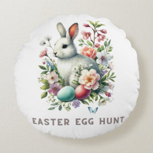 Paashaas en Waterverf Bunny & Flowers Rond Kussen