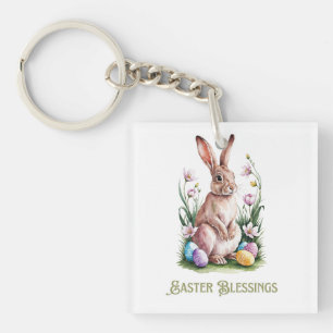 Paashaas en Waterverf Bunny & Flowers Sleutelhanger