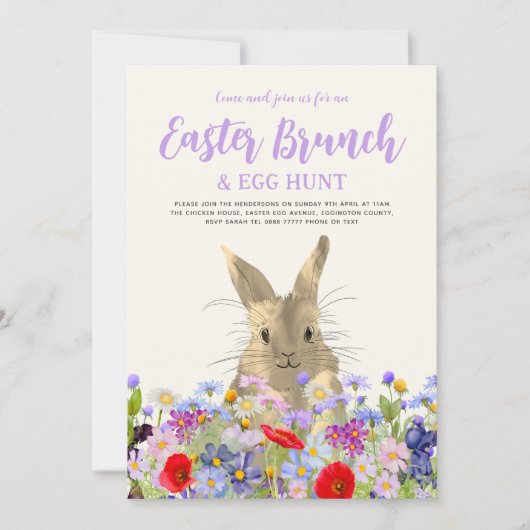 Paashaas en wilde bloemen Eierjacht en brunch Kaart (Voorkant)