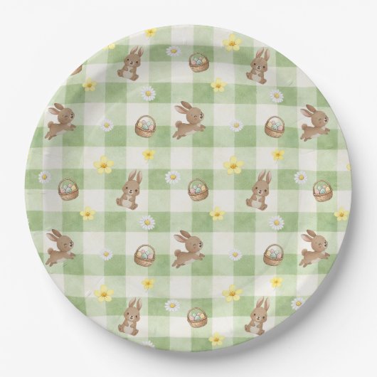 Paashaas Groen Gingham Papieren Bordje (Voorkant)