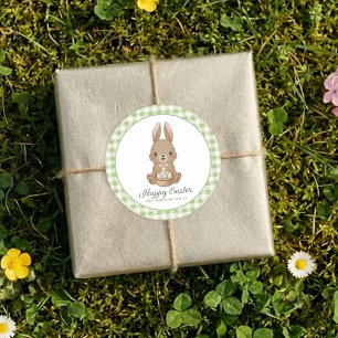 Paashaas Groen Waterverf Gingham Ronde Sticker