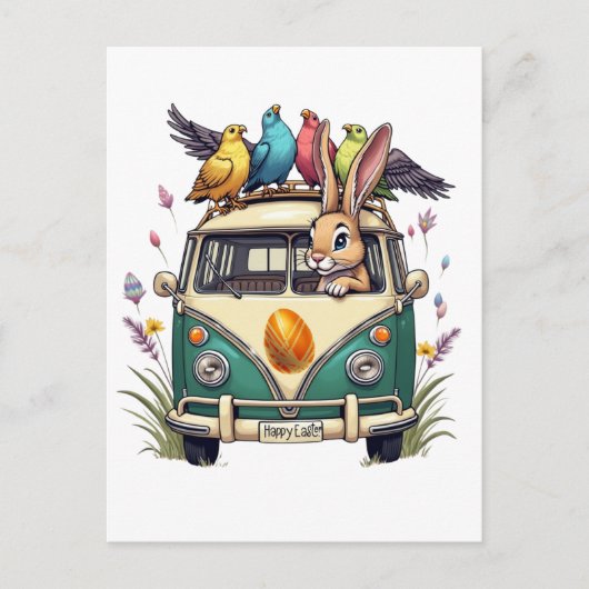 Paashaas in een bus met vogelvrienden - Spring Ce Briefkaart (Voorkant)