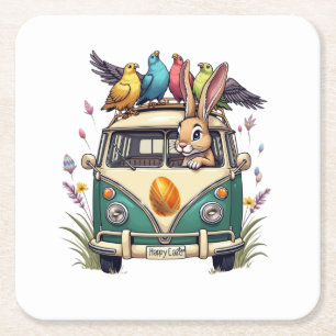 Paashaas in een bus met vogelvrienden - Spring Ce Kartonnen Onderzetters