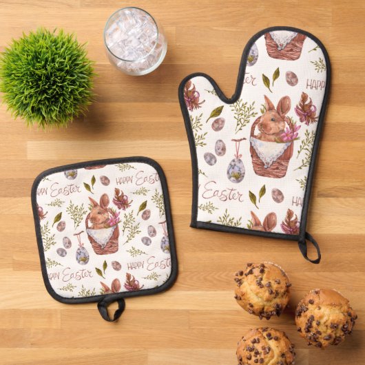 Paashaas in een mand ovenwant & pannenlap set (Top down)