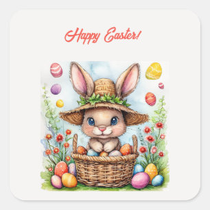 Paashaas in een mand van geschilderde eieren Happy Vierkante Sticker