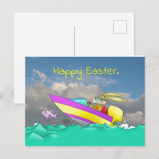 Paashaas, in een snelheidsboot feestdagenkaart (Voorkant / Achterkant)