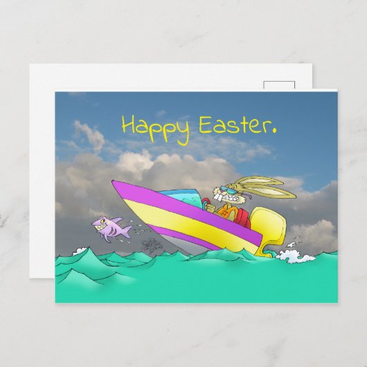 Paashaas, in een speedboot. feestdagenkaart (Voorkant / Achterkant)