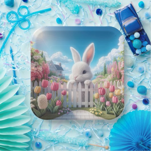 Paashaas in een tulpentuin papieren bordje (Feest)