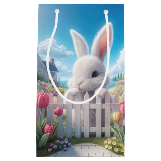 Paashaas in een voorjaarstuin klein cadeauzakje (Voorkant)