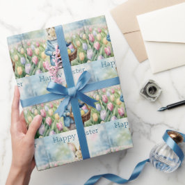 Paashaas in een weide van tulpen cadeaupapier