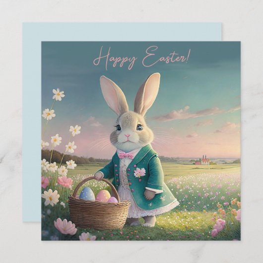 Paashaas in kleine blauwe jas feestdagenkaart (Voorkant / Achterkant)