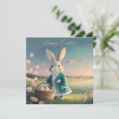 Paashaas in kleine blauwe jas feestdagenkaart (Staand voorkant)