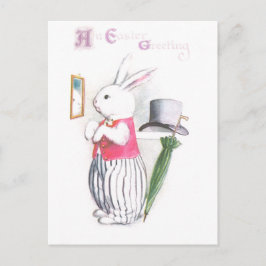 Paashaas in roze vest controleert spiegel feestdagenkaart