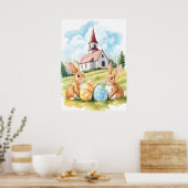 Paashaas Kerk Waterverf Tekening Poster (Keuken)