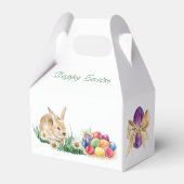 Paashaas, kleurrijke eieren en madeliefje bedankdoosjes (Achterkant)