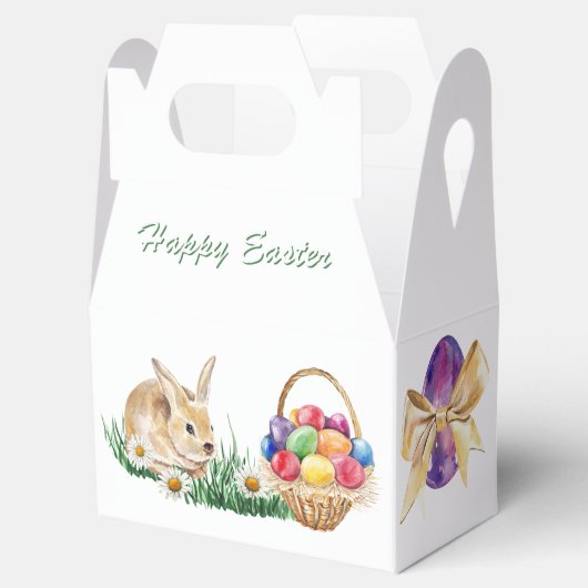 Paashaas, kleurrijke eieren en madeliefje bedankdoosjes (Geopend)