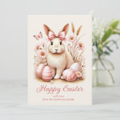 Paashaas Konijn Coquette Strik Roze Eieren Feestdagenkaart (Staand voorkant)