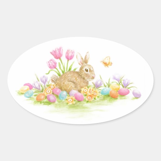 Paashaas Konijn Gekleurde Eieren Bloemen Stickers (Voorkant)
