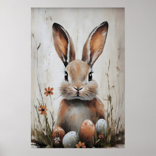 Paashaas konijn in bloemprint, rustieke Pasen Poster