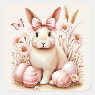 Paashaas Konijn Roze Eieren Coquette Bow Vierkante Sticker