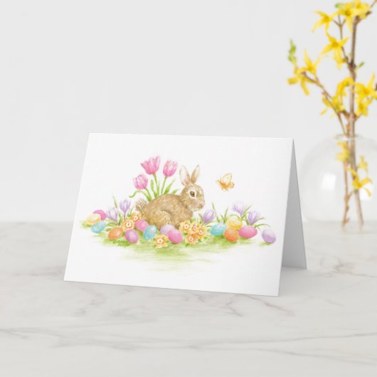 Paashaas Konijnengekleurde Eitjes Lente Natuur Kaart (Gele Bloem)