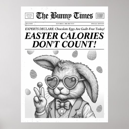 Paashaas krant, zwart wit Pasen Decor Poster (Voorkant)