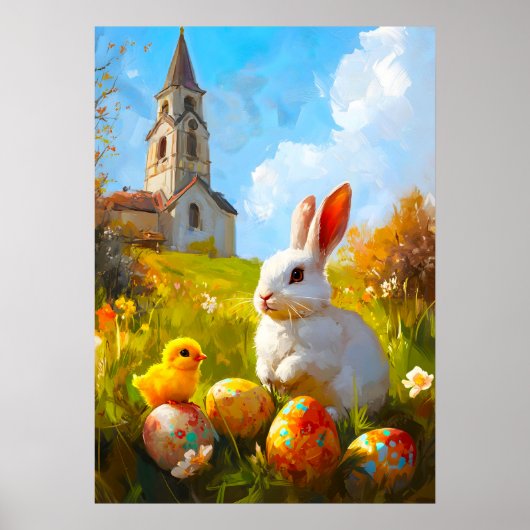 Paashaas Kuiken Eieren Kerk Schilderij Poster (Voorkant)
