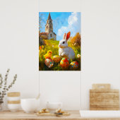 Paashaas Kuiken Eieren Kerk Schilderij Poster (Keuken)