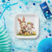 Paashaas & Lam | Chicks & Spring Flowers Schattige Papieren Bordje (Feest)