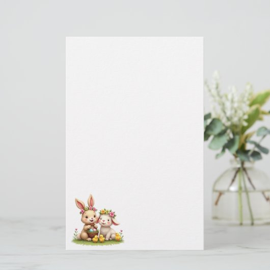 Paashaas & Lam | Schattigee voorjaarsbloemen en ku Briefpapier (Staand voorkant)