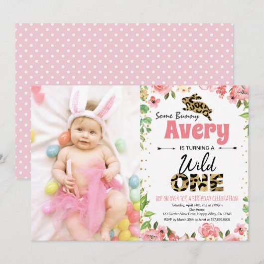 Paashaas Meisje Eerste Verjaardag Foto Uitnodiging (Voorkant / Achterkant)