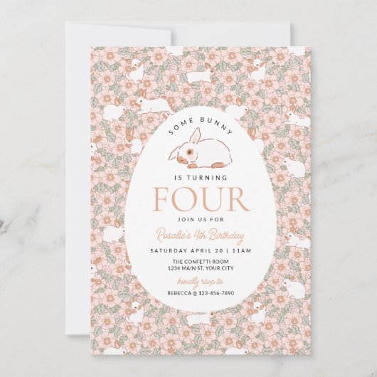 Paashaas Meisjes 4e verjaardag uitnodiging (Voorkant)