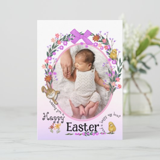 Paashaas met bloemen Fotokaart Feestdagenkaart (Staand voorkant)