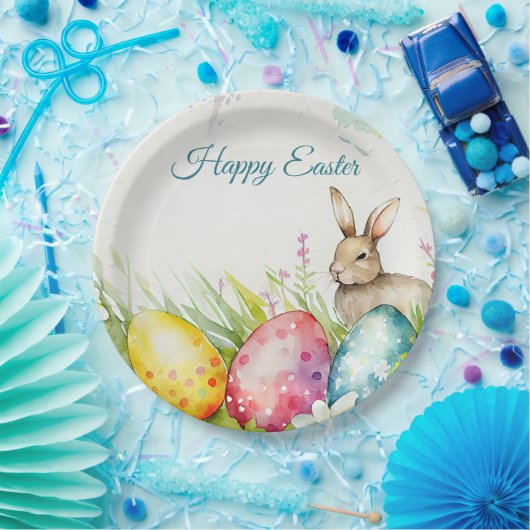 Paashaas met drie paaseieren papieren bordje (Feest)