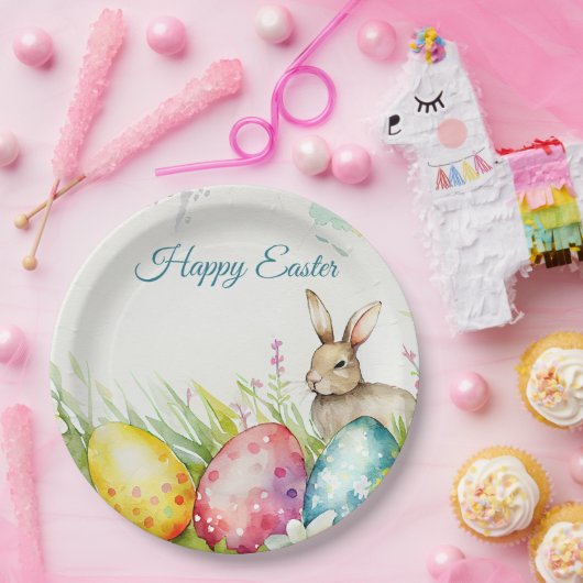 Paashaas met drie paaseieren papieren bordje (Feest)