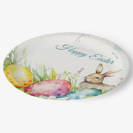 Paashaas met drie paaseieren papieren bordje (Gekanteld)