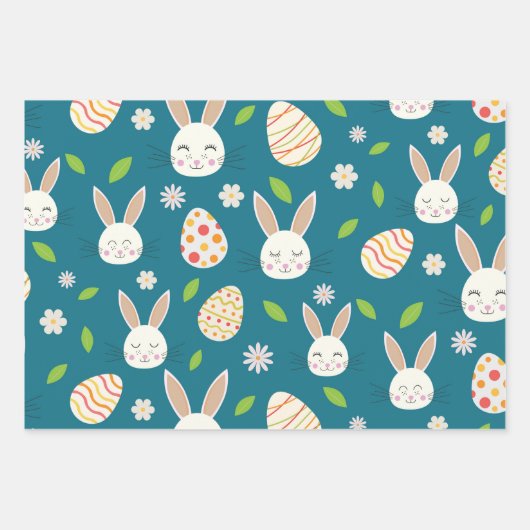 Paashaas met eieren en bloemen op blauw inpakpapier vel (Voorkant 2)