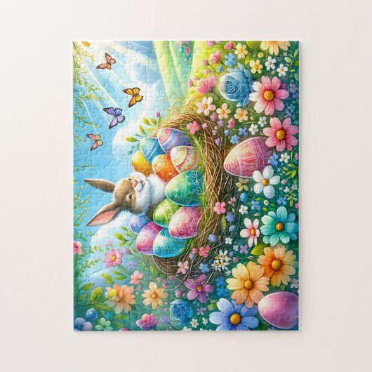 Paashaas met eieren in bloementuin - legpuzzel (Verticaal)